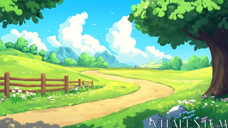 Sunny countryside path through green fields and hills.