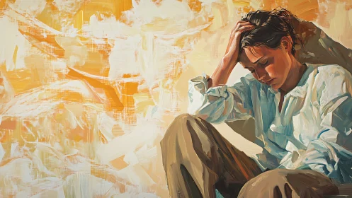 Sunlit worries pool around the seated dreamer in brushstrokes