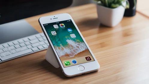 White iPhone SE smartphone display positioned on wooden desk workspace.