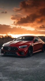 Red Mercedes performance sedan on open road at sunset.