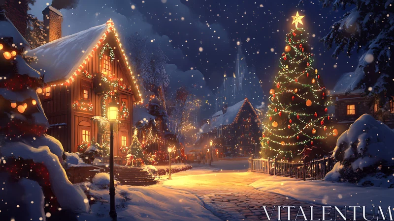 Snowy village street shows lit Christmas tree and houses