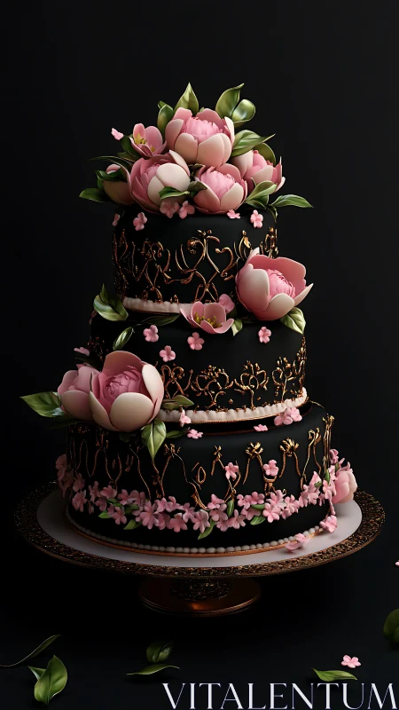 Three-tier black decorated cake with pink peonies