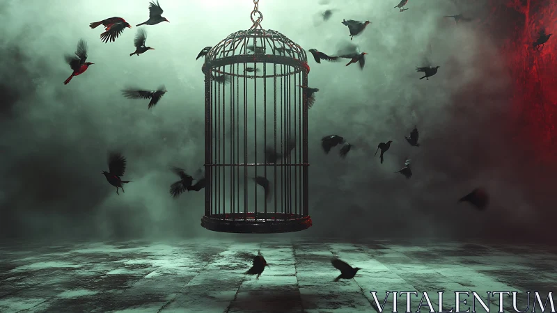 Suspended iron cage amid volumetric fog and circling crows