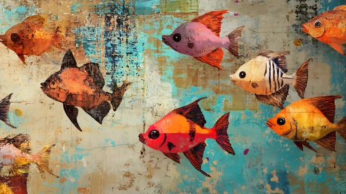 Colorful stylized fish group on textured abstract backdrop.