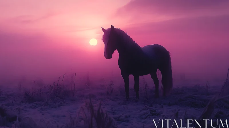 Silhouetted horse stands in fog under uniform magenta sunset