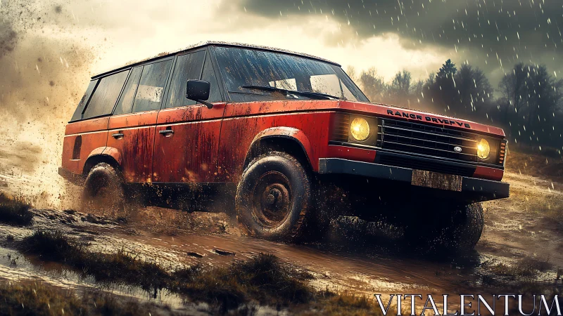 Storm-chasing red off-roader splashing through wild mud.