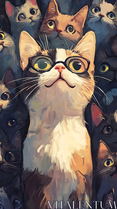 Centered Feline Subject with Ocular Spectacles: Digital Painterly Composition with Surreal Multiplic