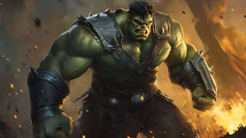 Raging green warrior charges through a fiery apocalyptic battle
