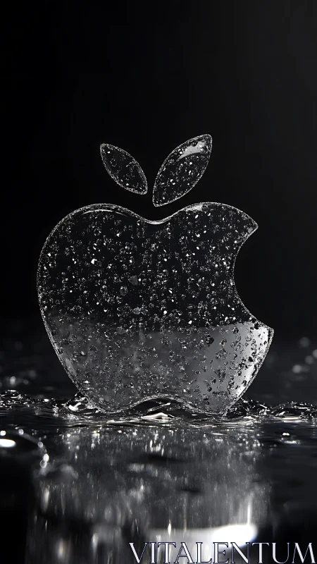 Transparent water droplet apple emblem stands on reflective surface