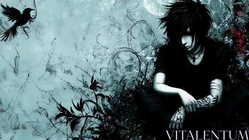 Brooding anime boy in inky blue solitude with gentle mystery.