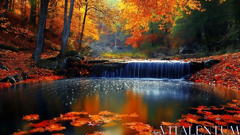 Autumn forest waterfall with reflective pool and fallen leaves.