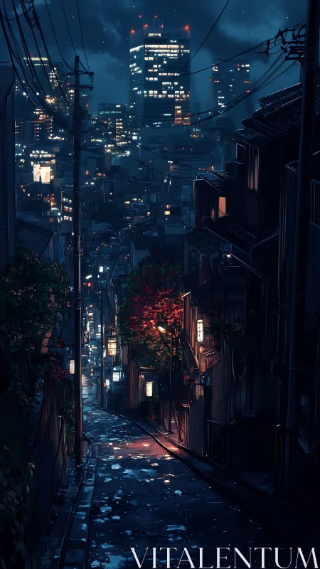 Narrow urban slope at night with wet street and towers.