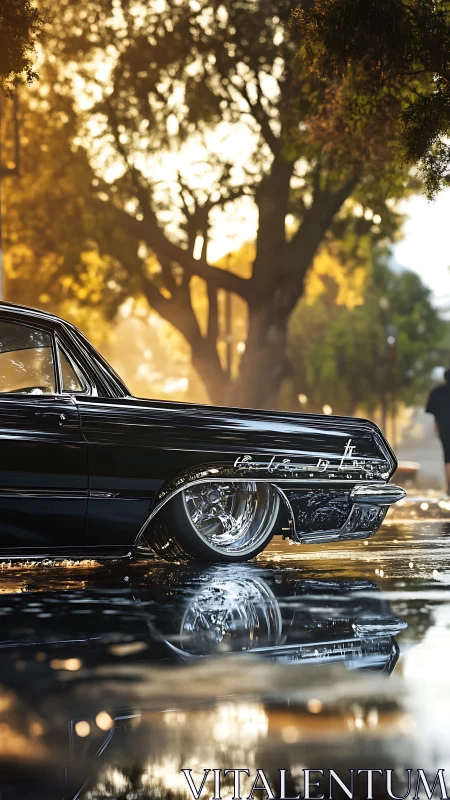 Lowrider rear quarter in golden hour reflection on wet street