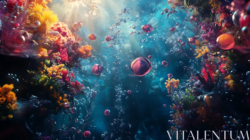 Digital painting of luminous coral canyon with drifting spheres.