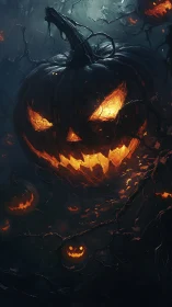 Glowing jack-o’-lantern swarm in a haunted twilight forest.