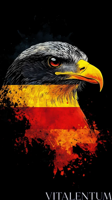 Fire-eyed eagle crowned in splattered German tricolor glory.