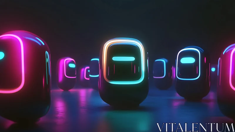 Neon-lit robot pods glow across dark reflective floor