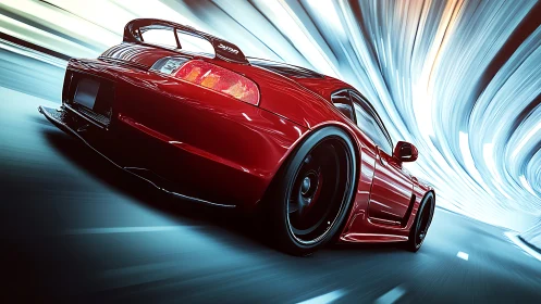 Red sports car racing through futuristic tunnel at speed.