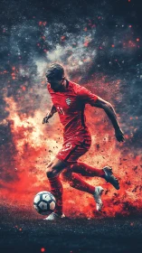 Fiery soccer player charges forward with powerful confidence