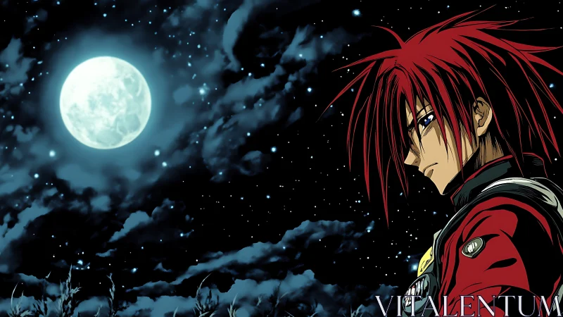 Red haired warrior studies bright moon under starry sky