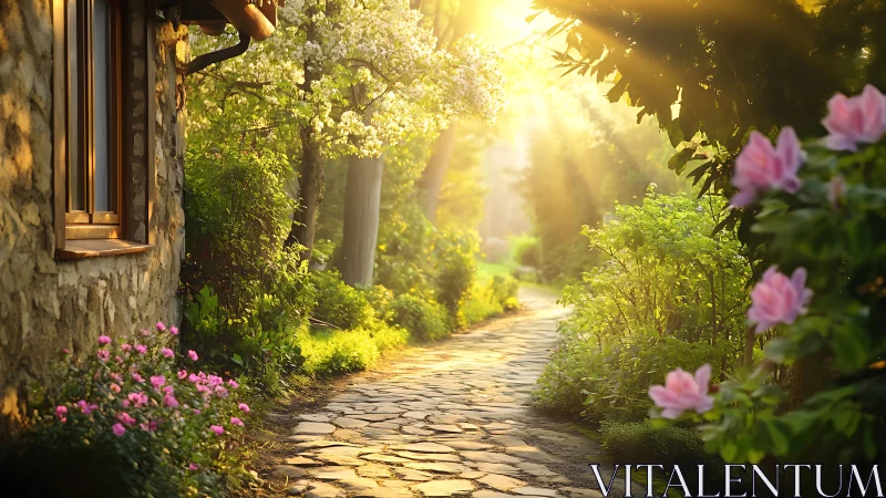 Sunlit stone garden path curves beside rustic cottage wall