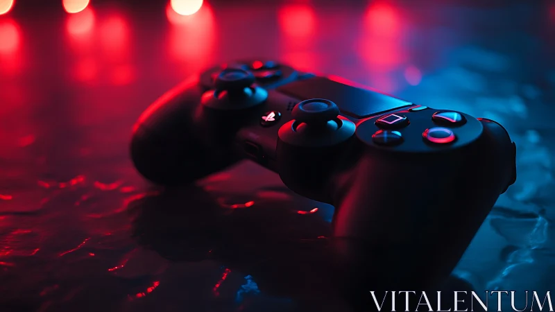 Game controller rests on textured surface under neon light