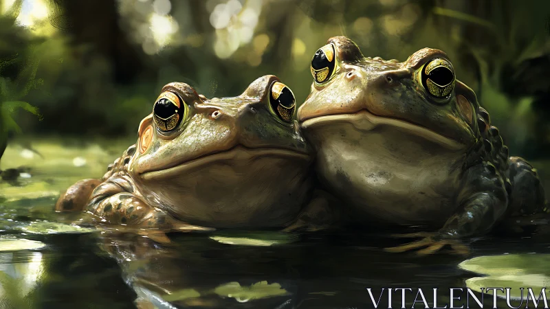 Hyperreal amphibian pair rendered in luminous wetland light