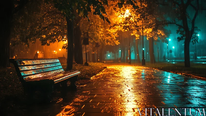 Rain-soaked park bench under neon city night lights.