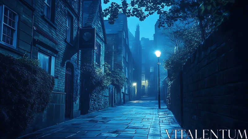 Cobblestone alleyway with blue lighting and street lamps.