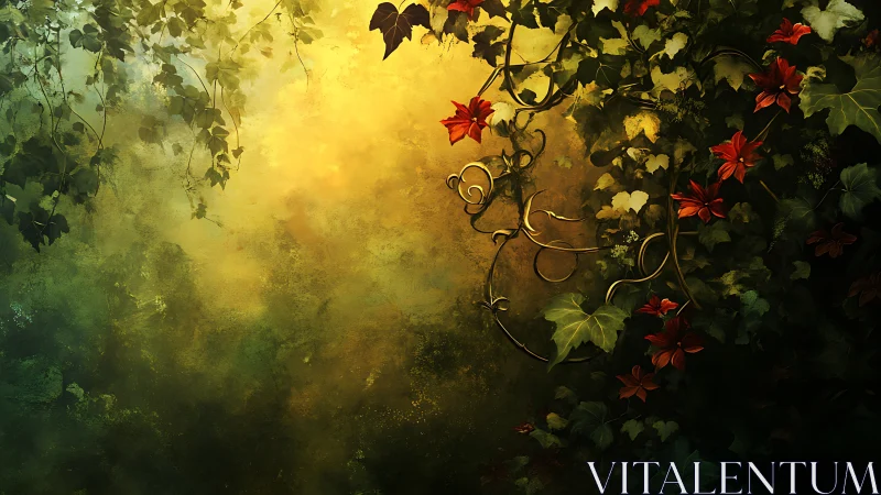 Golden forest light gently embraces winding ivy and flowers
