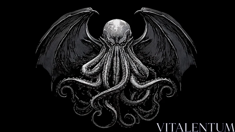 Monochrome winged Cthulhu entity with coiled tentacles poised