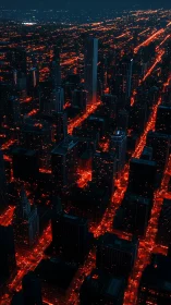 Neon red grid network illuminates dense futuristic city
