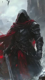 Hooded dark knight stands in ruined fortress with drawn sword
