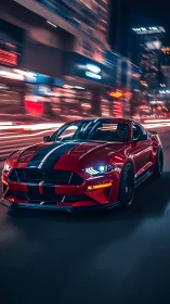 Red muscle car streaking through neon city night streets.