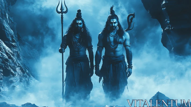 Twin warrior ascetics emerging through mystical blue fog.