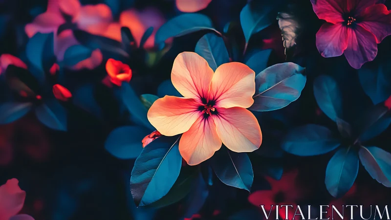 Backlit flower with coral petals glows among cool-toned foliage