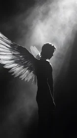 Winged human silhouette in dramatic backlit spotlight.