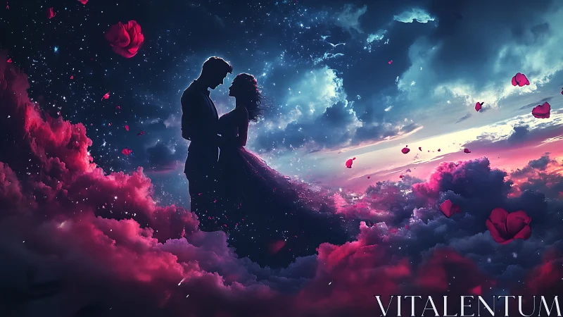 Silhouetted Couple Embracing in Clouds at Sunset with Pink Particles