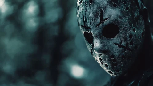 Weathered hockey mask portrait in moody forest bokeh.