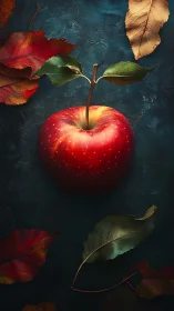 Crisp autumn apple crowned by drifting painted leaves.