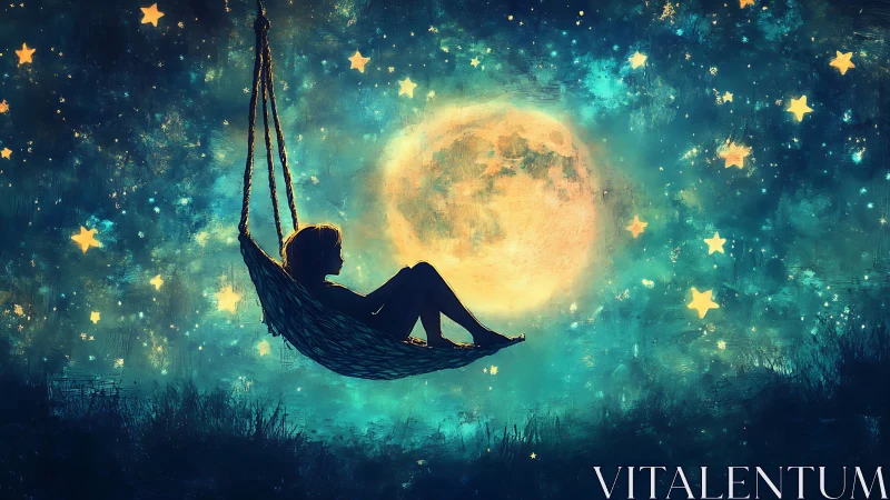 Silhouette on suspended hammock against luminous full moon.