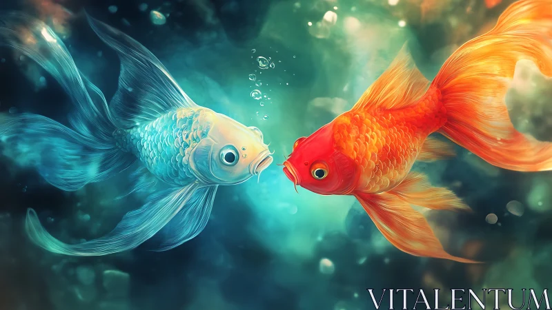 Contrasting blue and orange ornamental fish in water column.