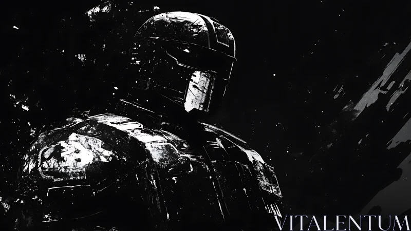 Armored sci fi warrior emerges from fractured darkness and light