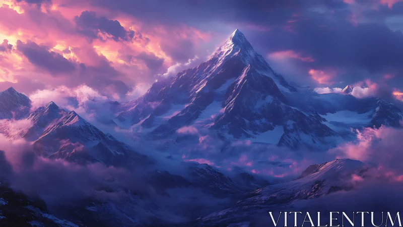 Digital painting of luminous alpine peak in dusk cloudscape.