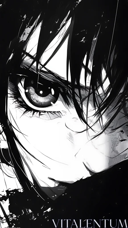 Intense anime gaze wrapped in bold black and white emotion.