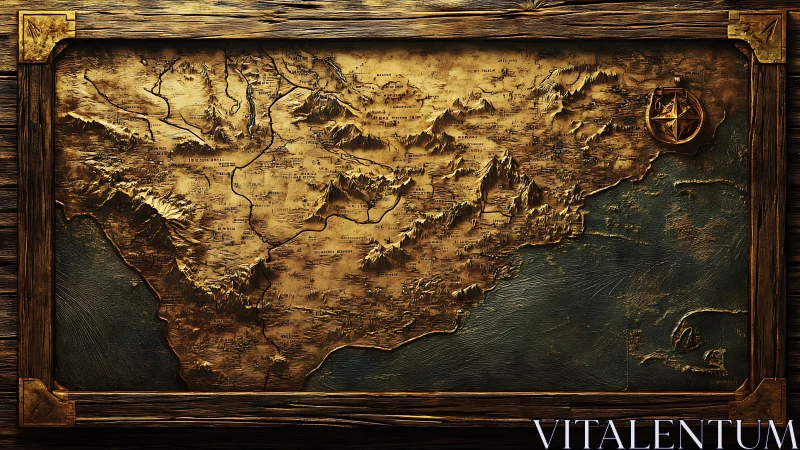 Antique fantasy wall map glows with rich carved terrain detail