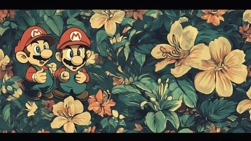 Mario and Luigi Among Vibrant Garden Flowers