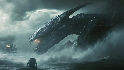 Colossal sea dragon confronts lone armored figure in storm