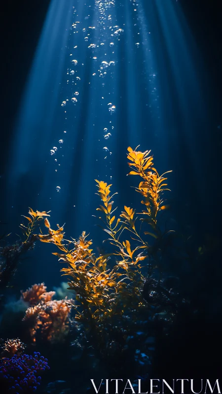 Submerged kelp and bubbles under focused blue light beams.