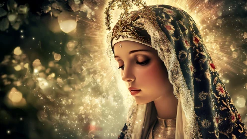 Luminescent crowned figure in ornate brocade veil haloed.